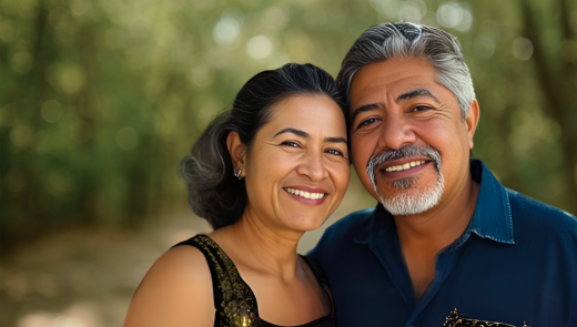 A lovely older couple standing together and smiling at the couple.